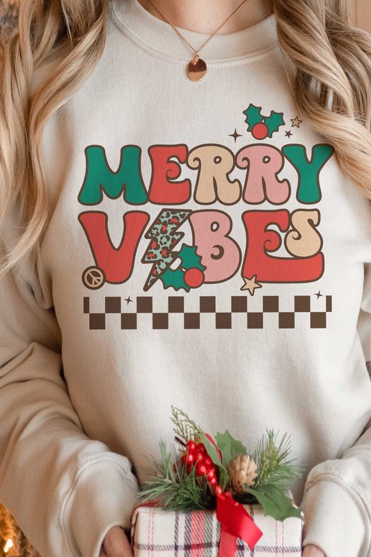 MERRY VIBES GRAPHIC SWEATSHIRT - Queens Palace Boutique